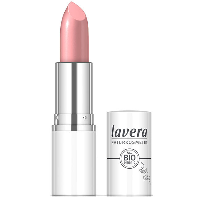 Lavera Cream Glow Lipstick Peony 03 is a pink shade with slight peach tones in a lipstick case with a lid. 