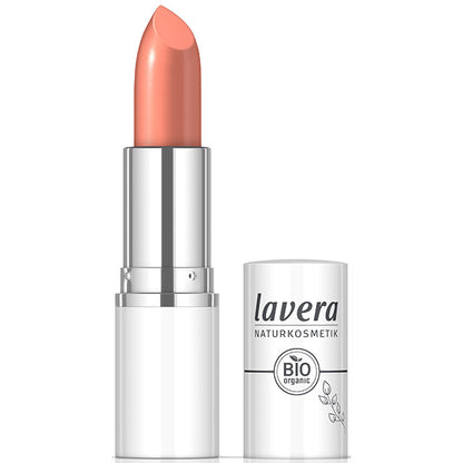 lavera Cream Glow Lipstick Pink Grapefruit 05 is a coral pink shade in a lipstick case with lid