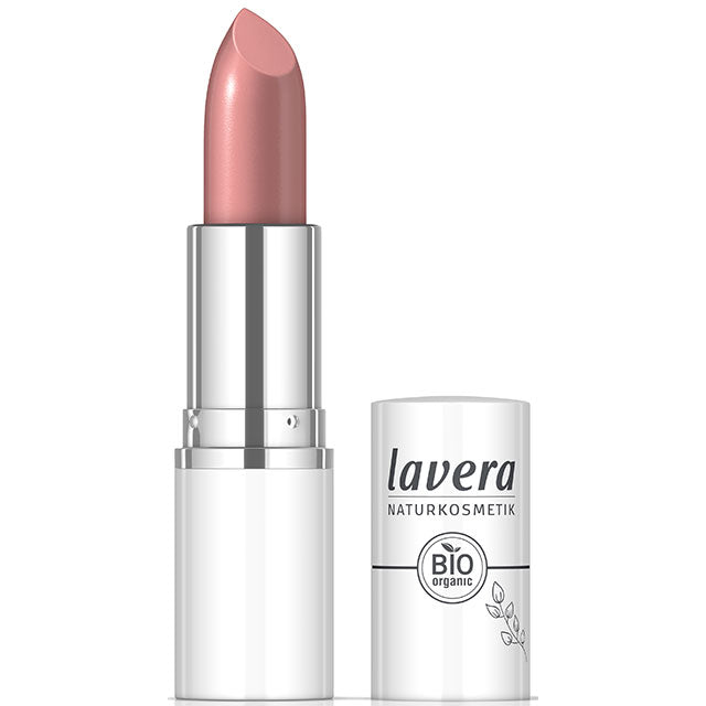 lavera Cream Glow Lipstick Retro Rose 02 is a mauve shade with brown tones in a lipstick case with lid.