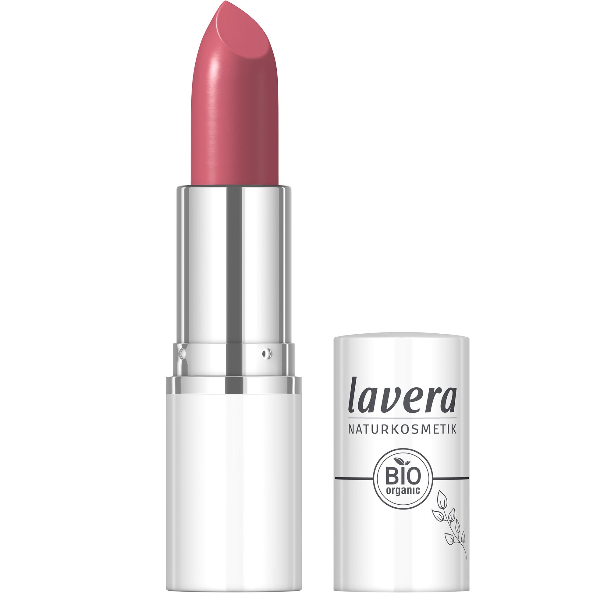 Lavera Cream Glow Lipstick Wild Rose is in a lipstick case on a white background.