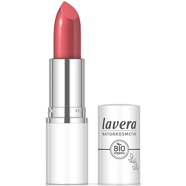 lavera Cream Glow Lipstick Watermelon 07 is a vibrant pink shade with red tones in a lipstick case with lid