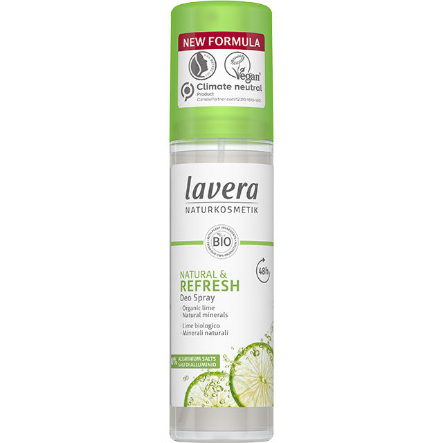 Lavera Natural and Refresh Deo Spray is in a glass bottle with a plastic cap 