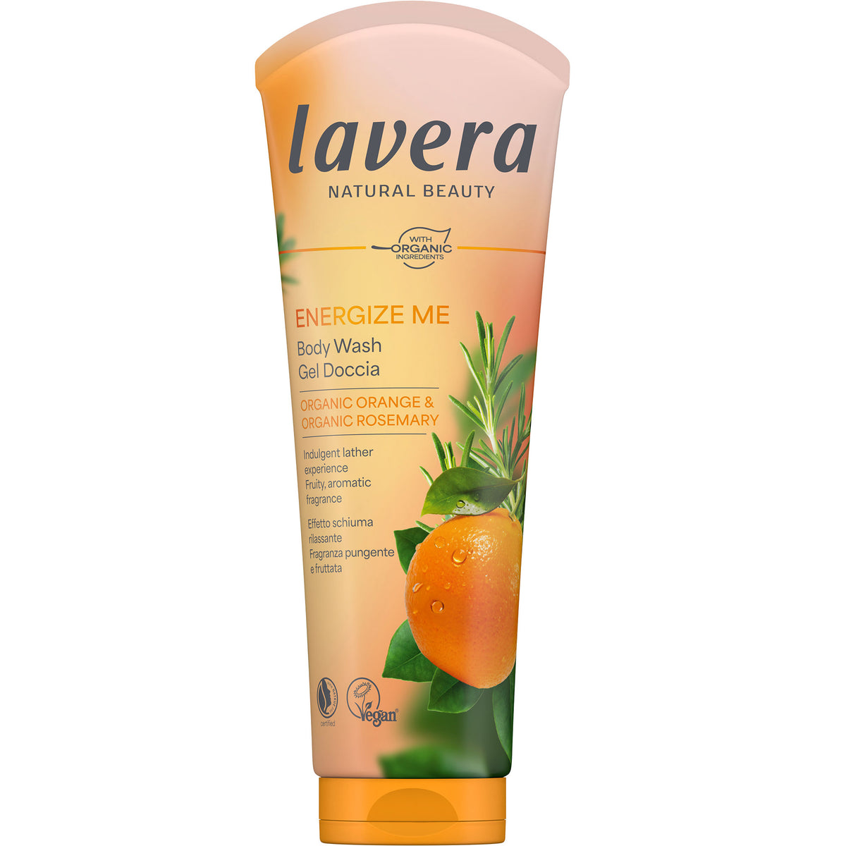 Lavera Energize Me Body Wash isin an orange tube with a image of orange and rosemary leaf with a flip top lid, on a white background