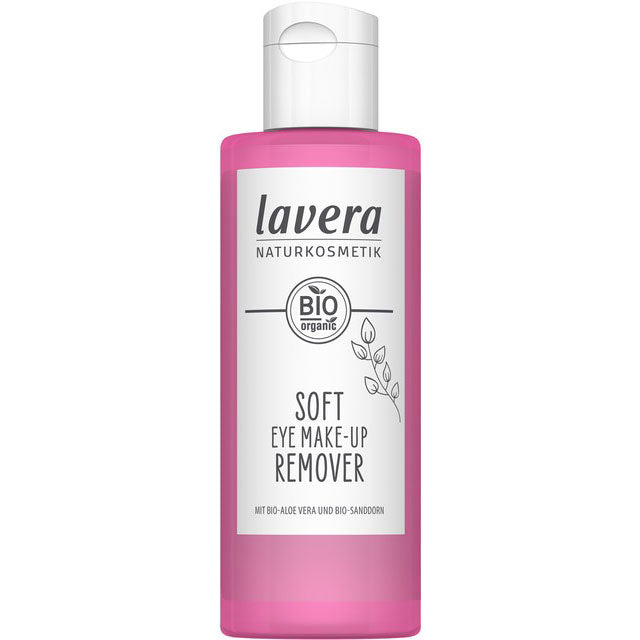 Lavera Soft Eye Make Up Remover is in a recycled plastic bottle with a flip top lid