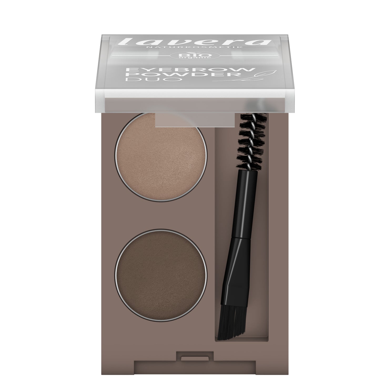 Lavera Eyebrow Powder Duo in an open container on a white background