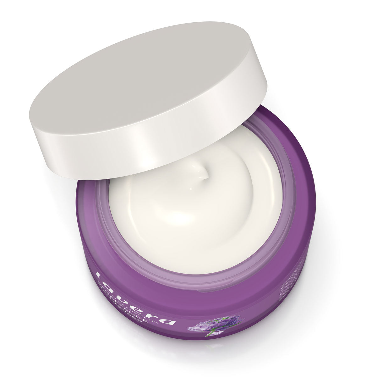 Lavera Firming Night Cream is in  a purple jar with a white lid propped open, showing a smooth white cream inside on a white background