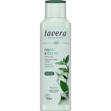 Lavera Fresh & Clear Shampoo with organic mint for greasy hair is in a light green plastic bottle showing mint leaves, with a flip top lid on a white background