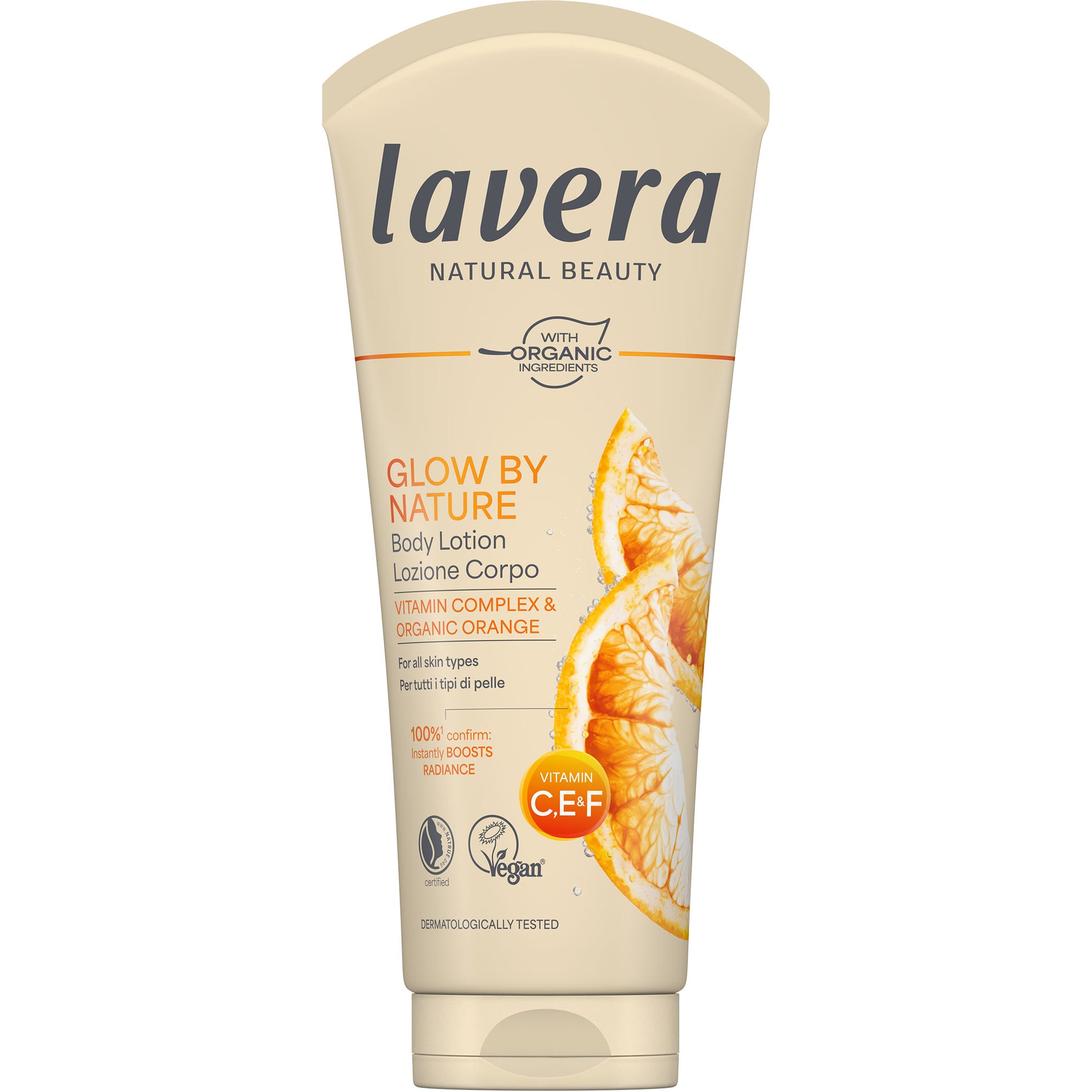 Lavera Glow By Natural Body Lotion is in a pale yellow tube on a white background