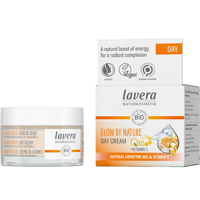 Lavera Glow by Natural a day cream with natural coenzyme q10 and vitamin c in a glass jar in a biodegradable box 