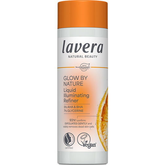Lavera Glow By Nature Liquid Illuminating  Refiner is in a bottle with a orange lid, on a white background.