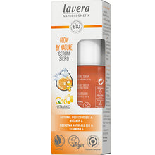 Lavera Glow by Nature Serum with Q10 and Vitamin C. The box contains a orange bottle.