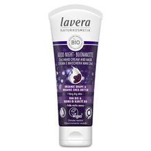 lavera Good Night 2 in 1 Hand Cream and Hand Mask with organic grape and organic shea butter for very dry hands. In a purple and white tube 