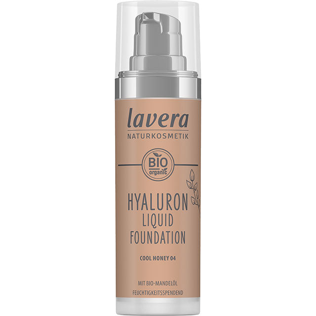 Lavera Hyaluron Liquid Foundation Cool Honey 04 is in a pump bottle with a cap