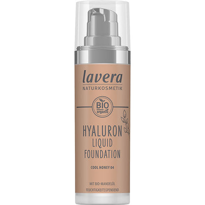 Lavera Hyaluron Liquid Foundation Cool Honey 04 is in a pump bottle with a cap