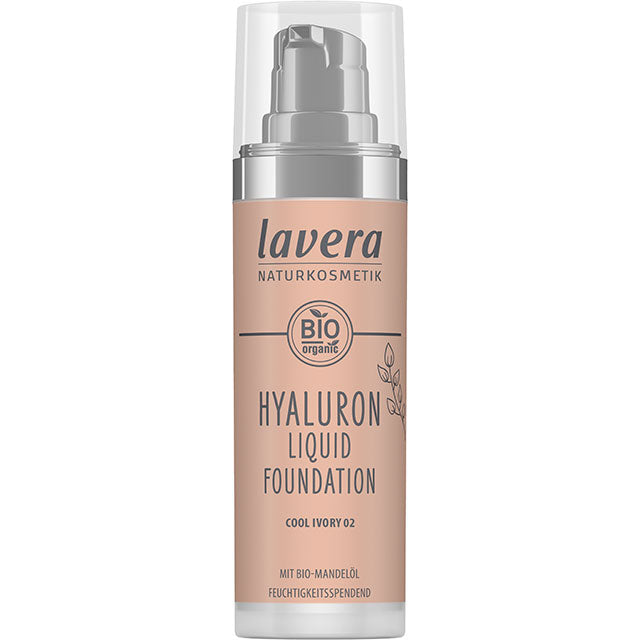 lavera Hyaluron Liquid Foundation Cool Ivory 02 is in a pump bottle with a cap 