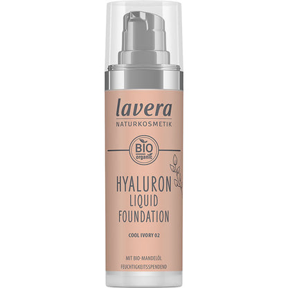 lavera Hyaluron Liquid Foundation Cool Ivory 02 is in a pump bottle with a cap 