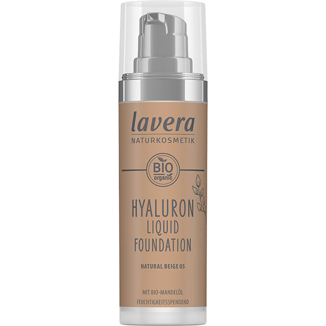 Lavera Hyaluron Liquid Foundation Natural Beige 05 is in a pump bottle with a cap 