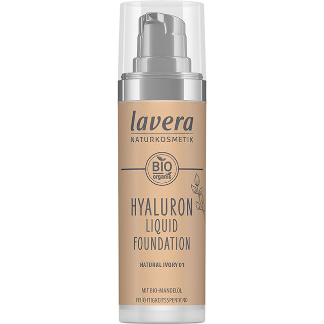 lavera Hyaluron Liquid Foundation Natural Ivory 01 is in a pump bottle with a cap.