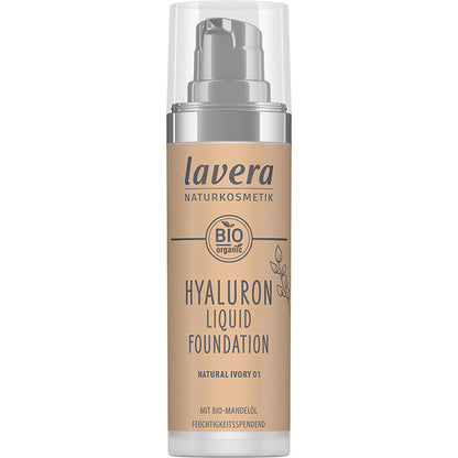 lavera Hyaluron Liquid Foundation Natural Ivory 01 is in a pump bottle with a cap.