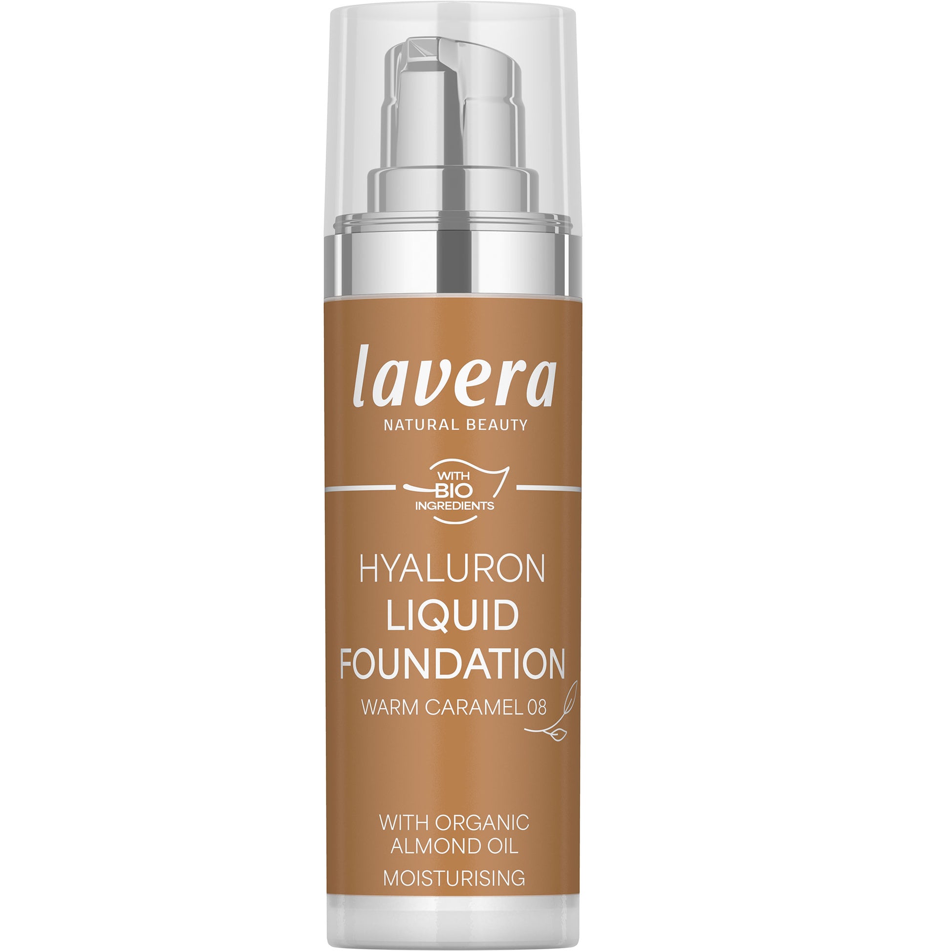 Lavera Hyaluron Liquid Foundation Warm Caramel 08 on a white background