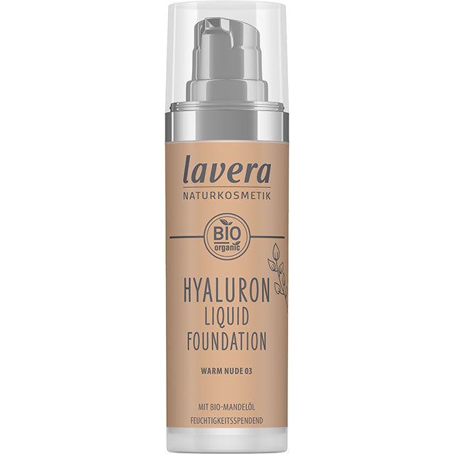 lavera Hyaluron Liquid Foundation Warm Nude 03 is in a pump bottle with a cap