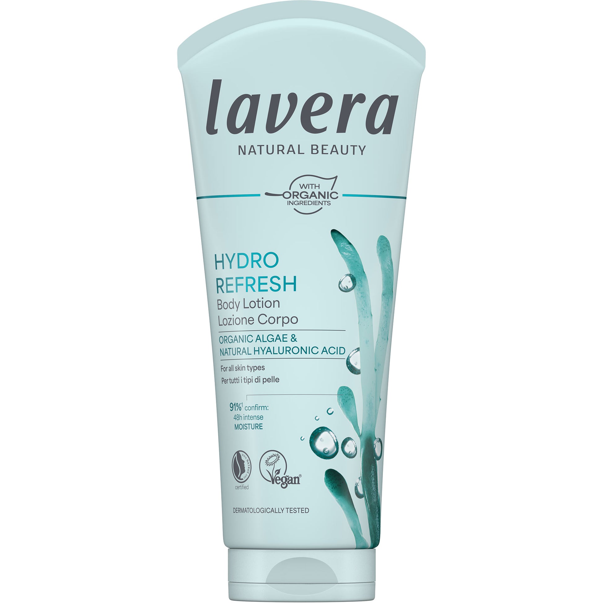 Lavera Hydro Refresh Body Lotion is packaged in a light blue tube with an illustration of algae and water droplets on a white background