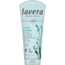 Lavera Hydro Refresh Body Lotion is packaged in a light blue tube with an illustration of algae and water droplets on a white background