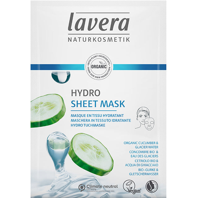 Lavera Hydro Sheet Mask. Cotton mask infused with Organic Cucumber and Glacier Water 