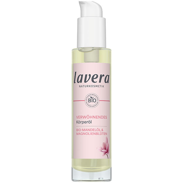 Lavera Indulgent Body Oil is in a glass bottle with a pink label and a white spray lid on  a white background