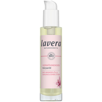 Lavera Indulgent Body Oil is in a glass bottle with a pink label and a white spray lid on  a white background