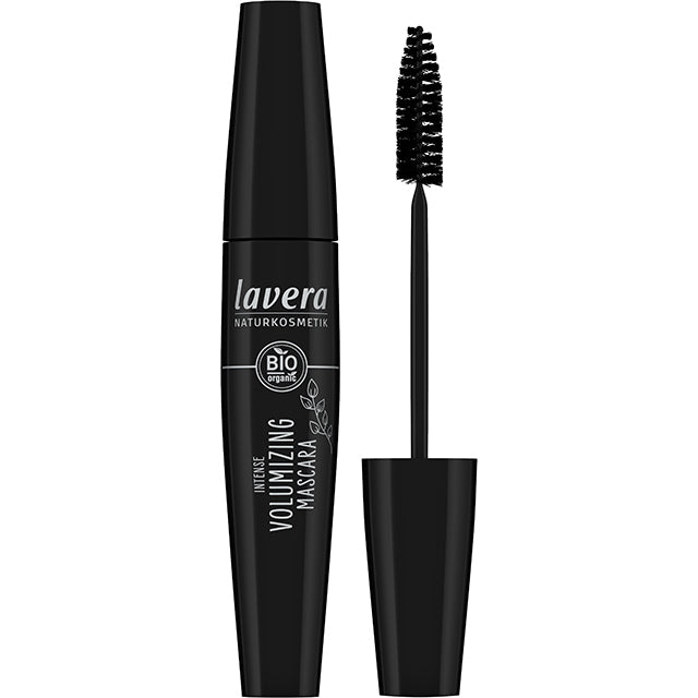 Lavera Intense Volumising Mascara in black with a pear shaped brush is in a Oval shaped tube 