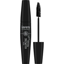 Lavera Intense Volumising Mascara in black with a pear shaped brush is in a Oval shaped tube 