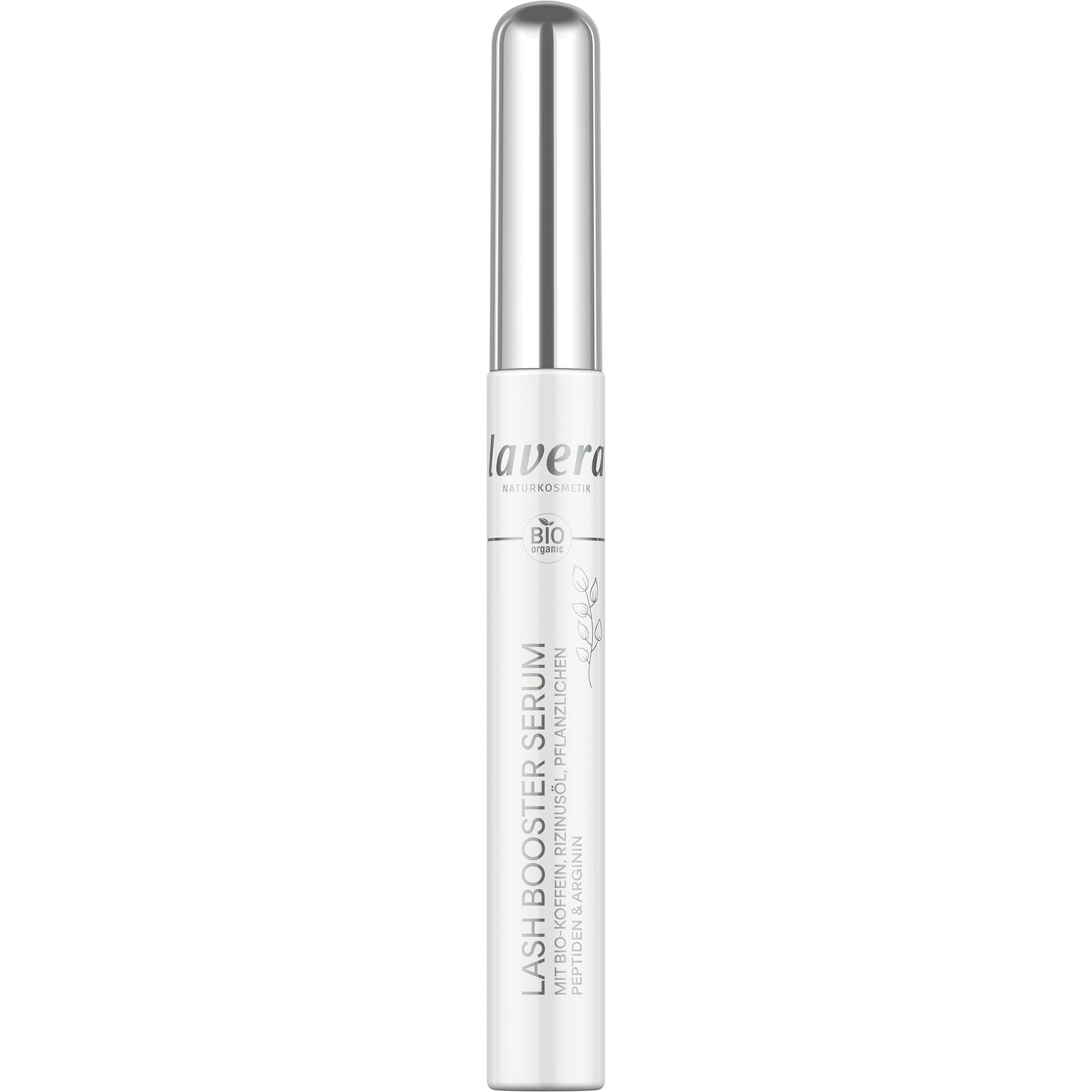 Lavera Lash Boost Serum in a tube with a silver lid on a white background