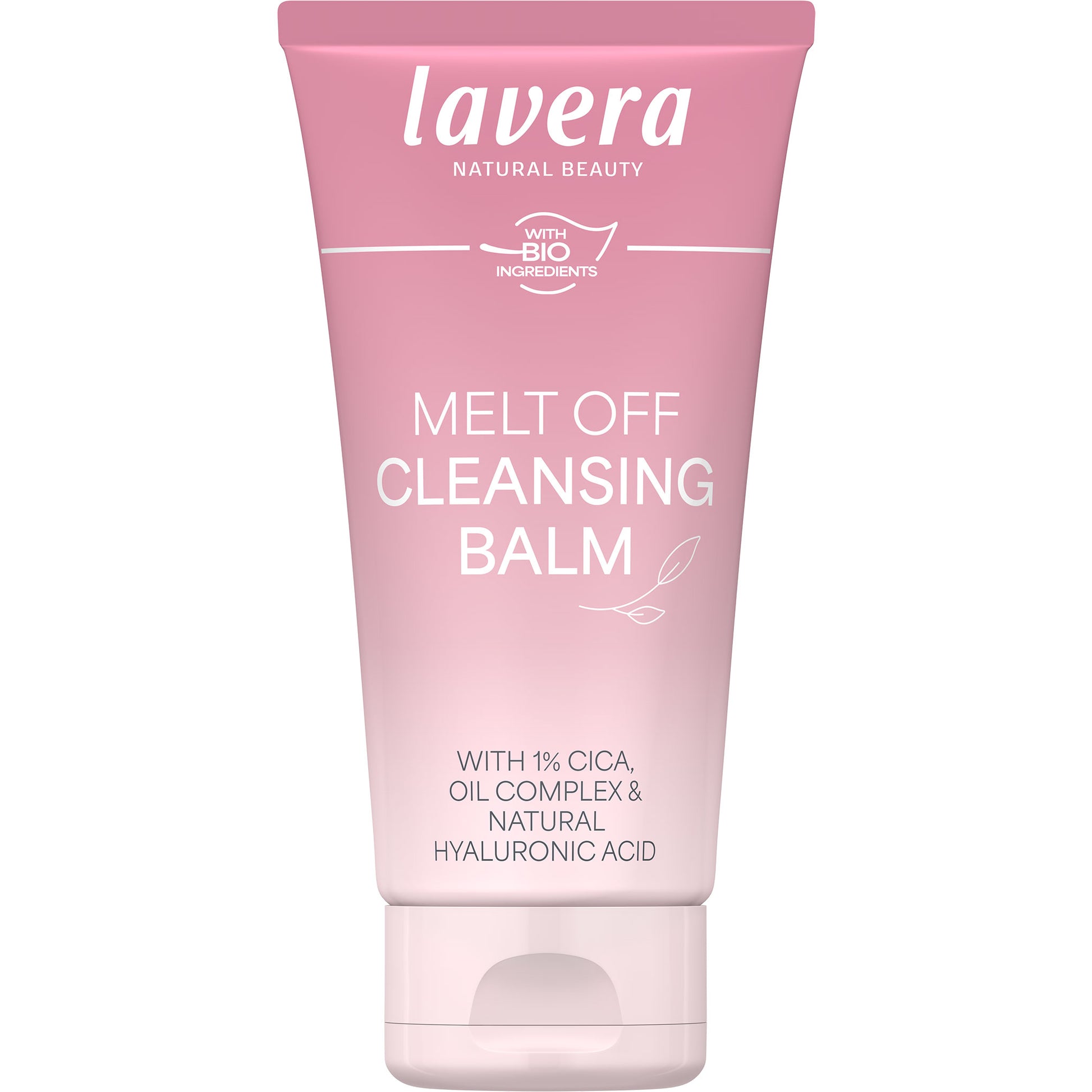 Lavera Melt Off Cleansing Balm is in a pink  tube with a flip off lid on a white background