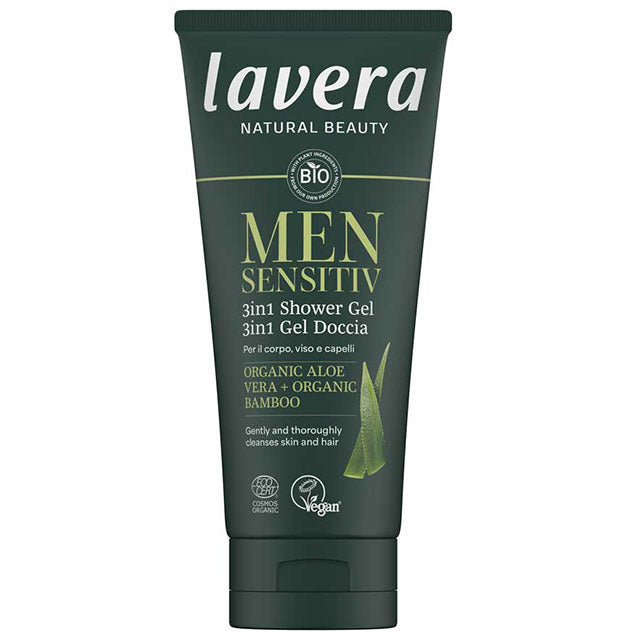 Lavera Men Sensitiv 3 in 1 Sower Gel is in a green tube on a white background. 