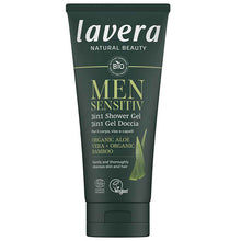 Lavera Men Sensitiv 3 in 1 Sower Gel is in a green tube on a white background. 