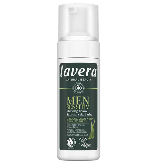 Laqvera Men Sensitiv Saving Foam in a white bottle with a green label on a white background 
