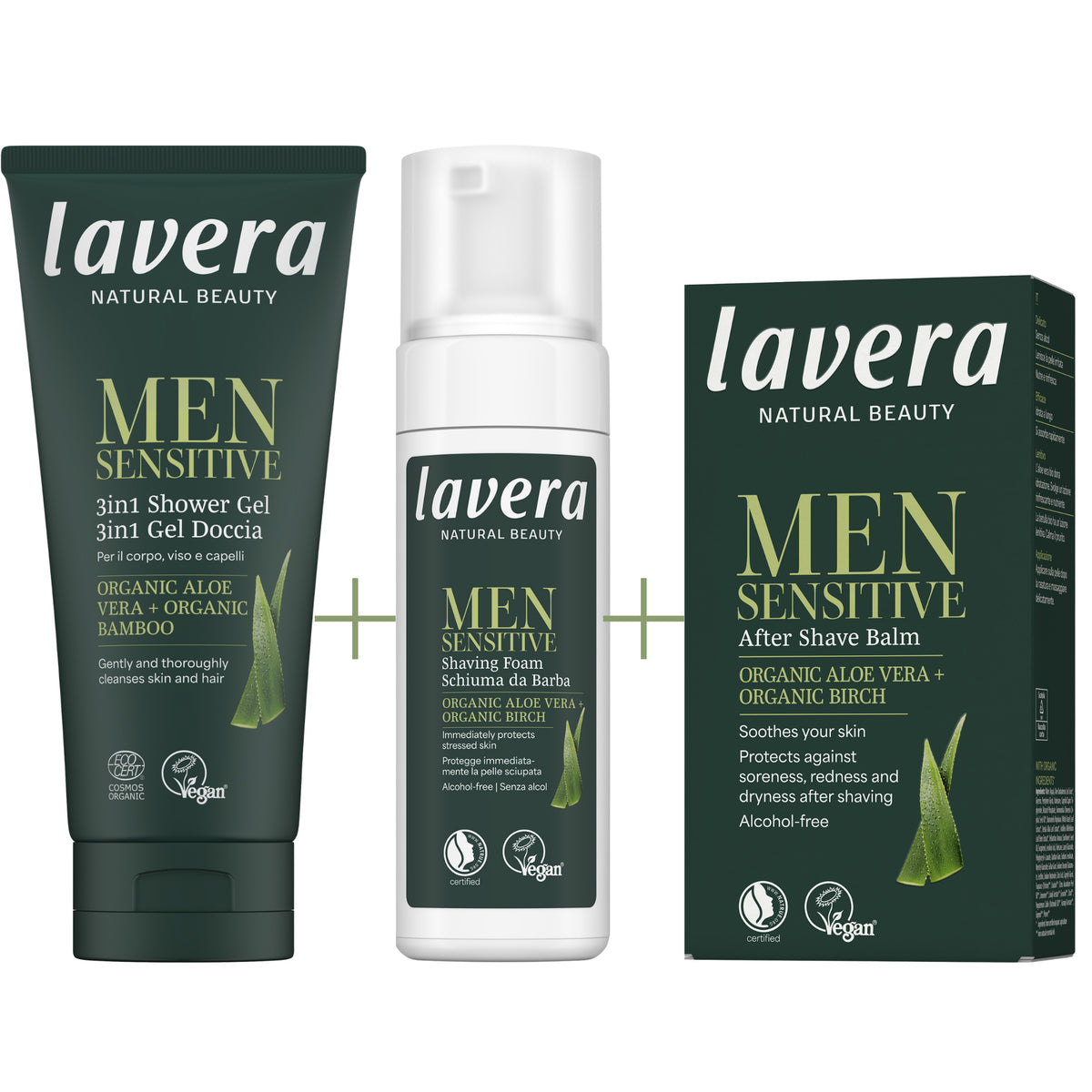 Lavera Men Sensitive 3 in 1 Shower Gel + Lavera men Sensitive Saving Foam + Lavera Men Sensitive After Shave Balm with green and white writing on a white background