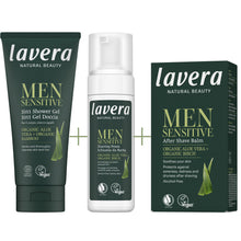 Lavera Men Sensitive 3 in 1 Shower Gel + Lavera men Sensitive Saving Foam + Lavera Men Sensitive After Shave Balm with green and white writing on a white background