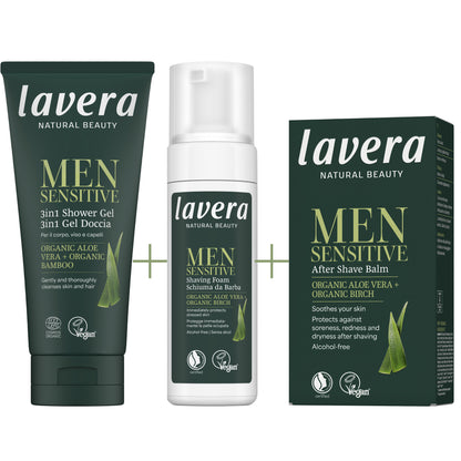 Lavera Men Sensitive 3 in 1 Shower Gel + Lavera men Sensitive Saving Foam + Lavera Men Sensitive After Shave Balm with green and white writing on a white background