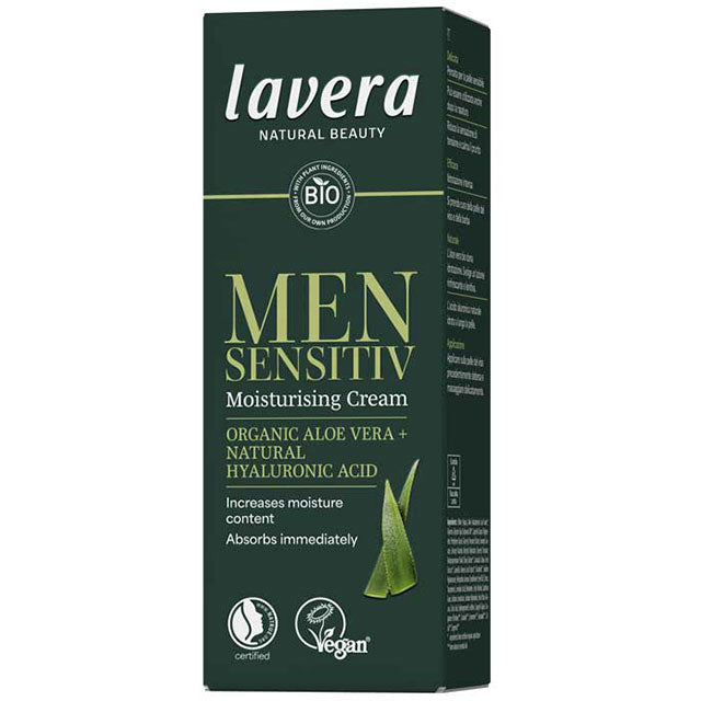 Green Box containing Lavera Men Sensitive Moisturising Cream on a white background.