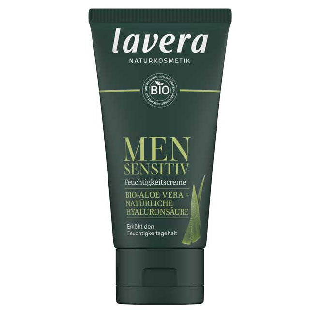 Lavera Men Sensitiv Moisturising Cream in a green tube on a white background.