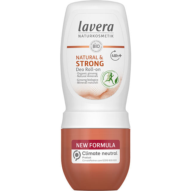 Lavera Natural and Strong Deo Roll-On with organic ginseng and natural minerals in a Roll On tube 