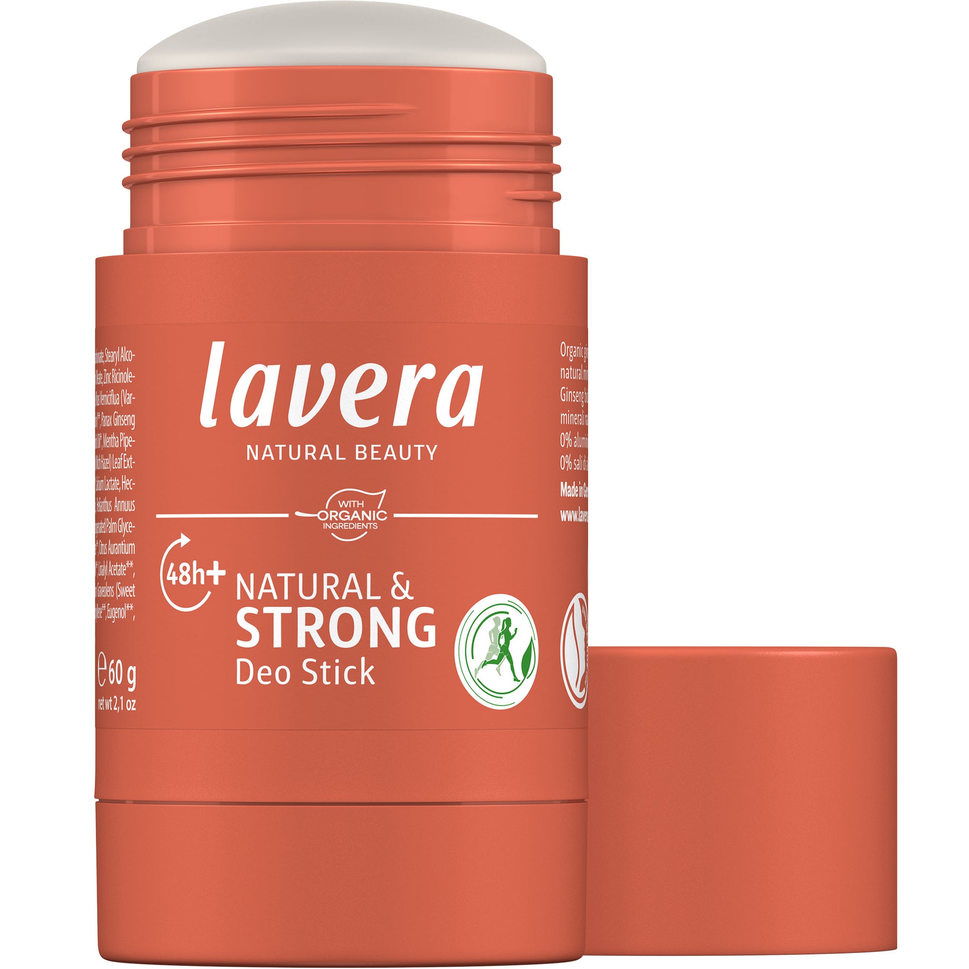 lavera Natural and Strong Deo Stick 48h+ Protection is in an open orange  twist up tube showing the white creamy texture on a white background