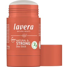 lavera Natural and Strong Deo Stick 48h+ Protection is in an open orange  twist up tube showing the white creamy texture on a white background