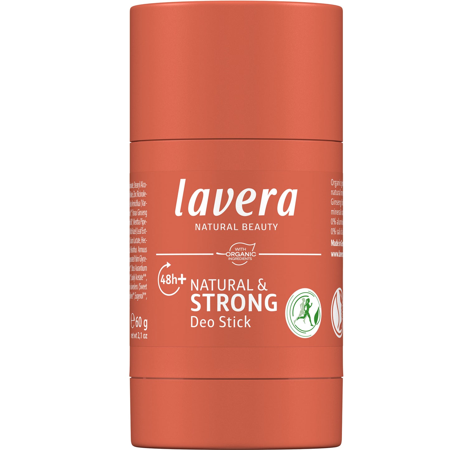 Lavera Natural and Strong Deo Stick 48h+ Protection is in an orange twist up   tube with white writing on a white background