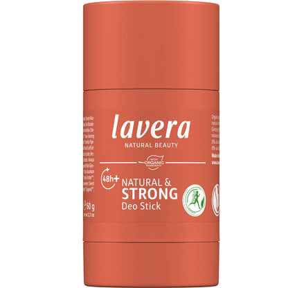 Lavera Natural and Strong Deo Stick 48h+ Protection is in an orange twist up   tube with white writing on a white background