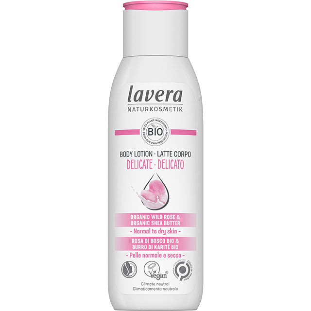 lavera Organic Body Lotion Delicate with Organic Wild Rose and Organic Shea butter for normal to dry skin in a white plastic bottle made of 100 recycled materials 