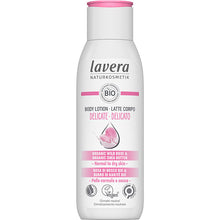 lavera Organic Body Lotion Delicate with Organic Wild Rose and Organic Shea butter for normal to dry skin in a white plastic bottle made of 100 recycled materials 