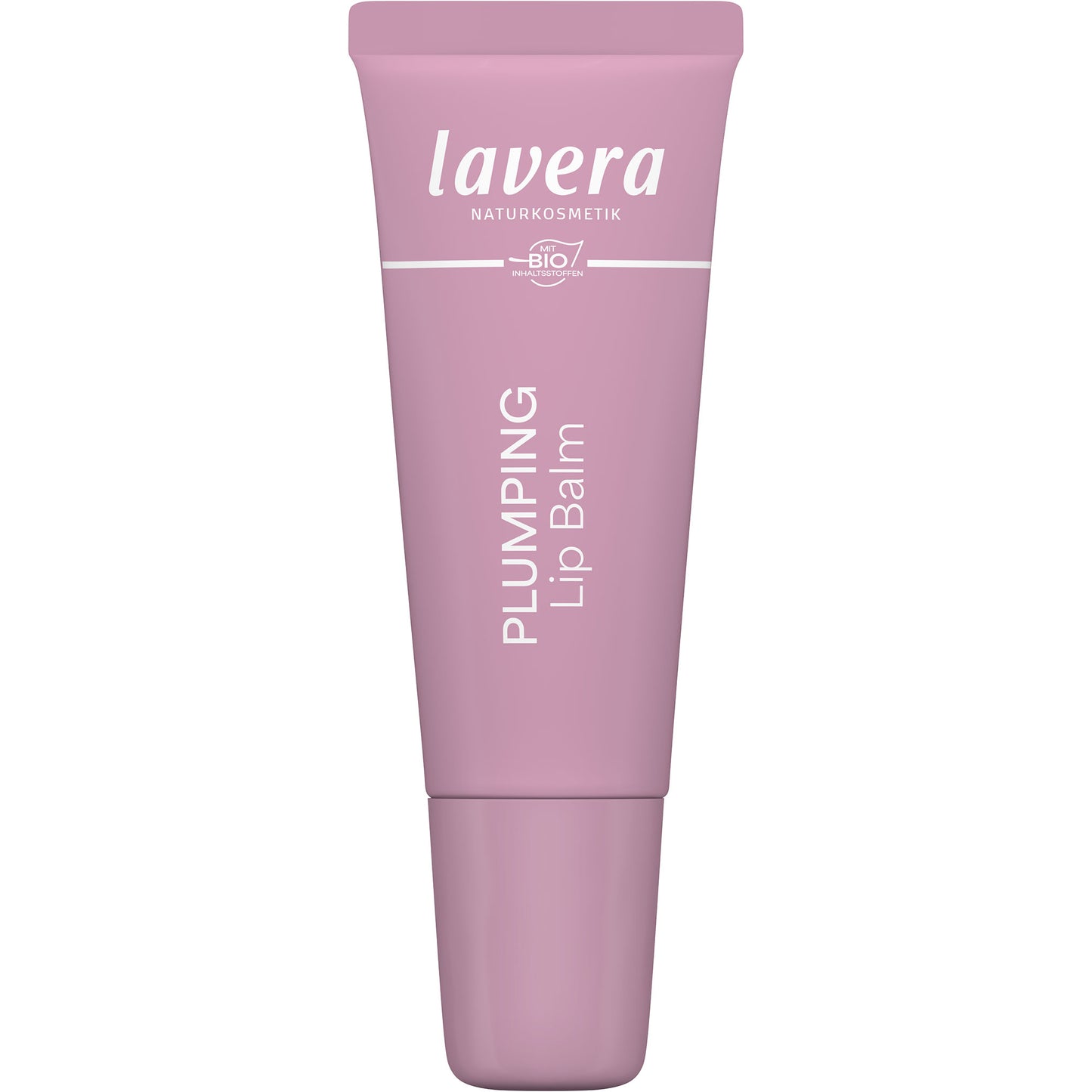 Lavera Plumping Lip Balm in a pink tube on a white background